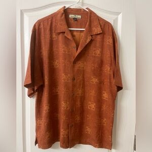 Tommy Bahama Burnt Orange Rust Floral Embossed Silk Hawaiian Camp Shirt, Size L